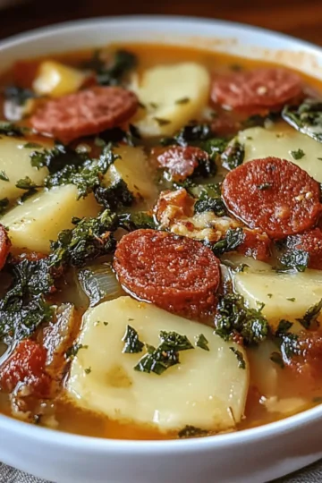 Hearty Sausage Soup with Potatoes, Beans, and Kale