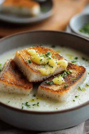 Roasted Garlic Potato Soup with Grilled Cheese Croutons
