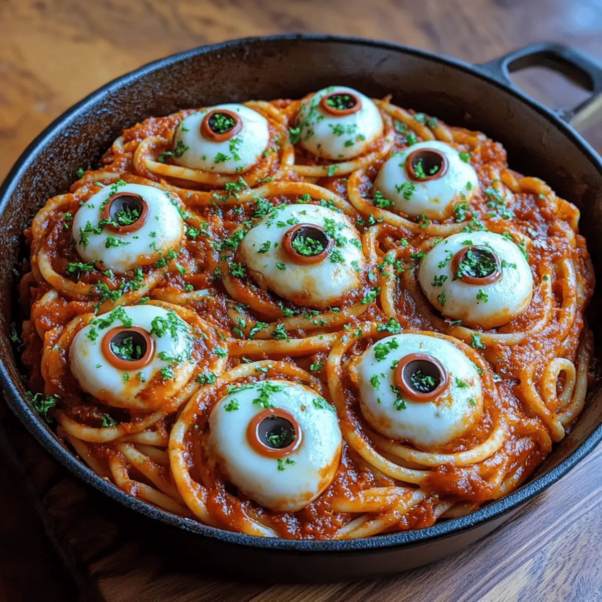 Bloody Spaghetti with Mozzarella Eyeballs