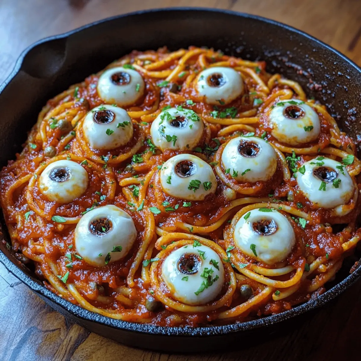 Bloody Spaghetti with Mozzarella Eyeballs