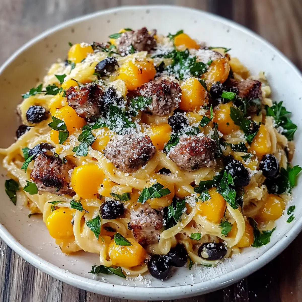 Butternut Squash and Black Bean Orzo with Sausage and Spinach