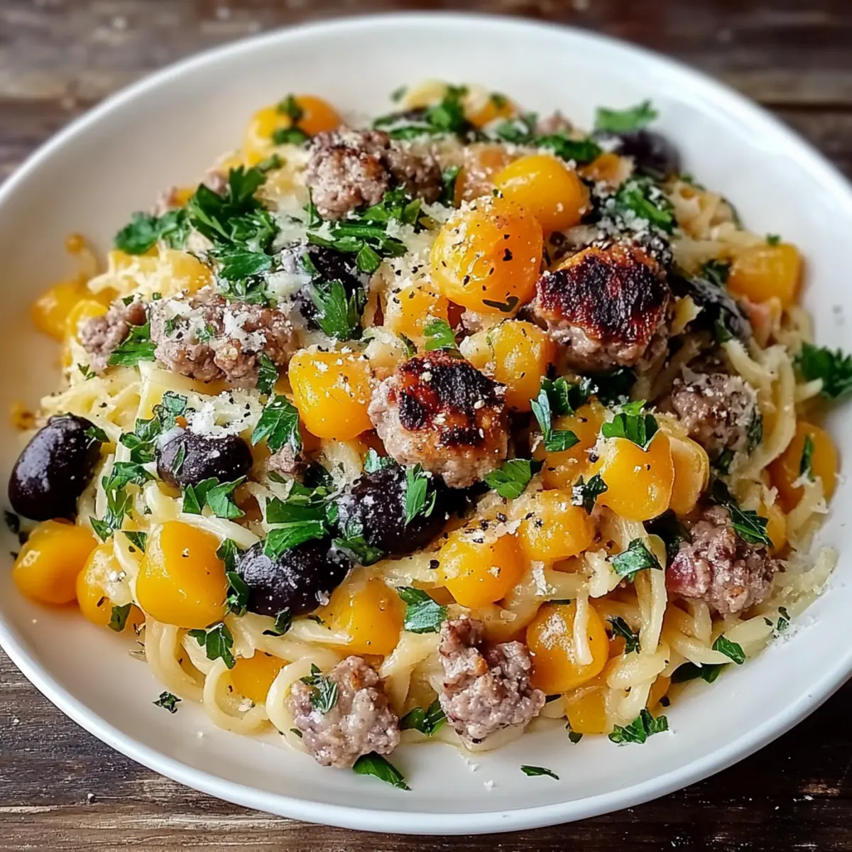 Butternut Squash and Black Bean Orzo with Sausage and Spinach