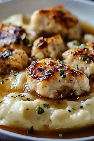 Chicken and Garlic Gravy with Cheesy Mashed Potatoes