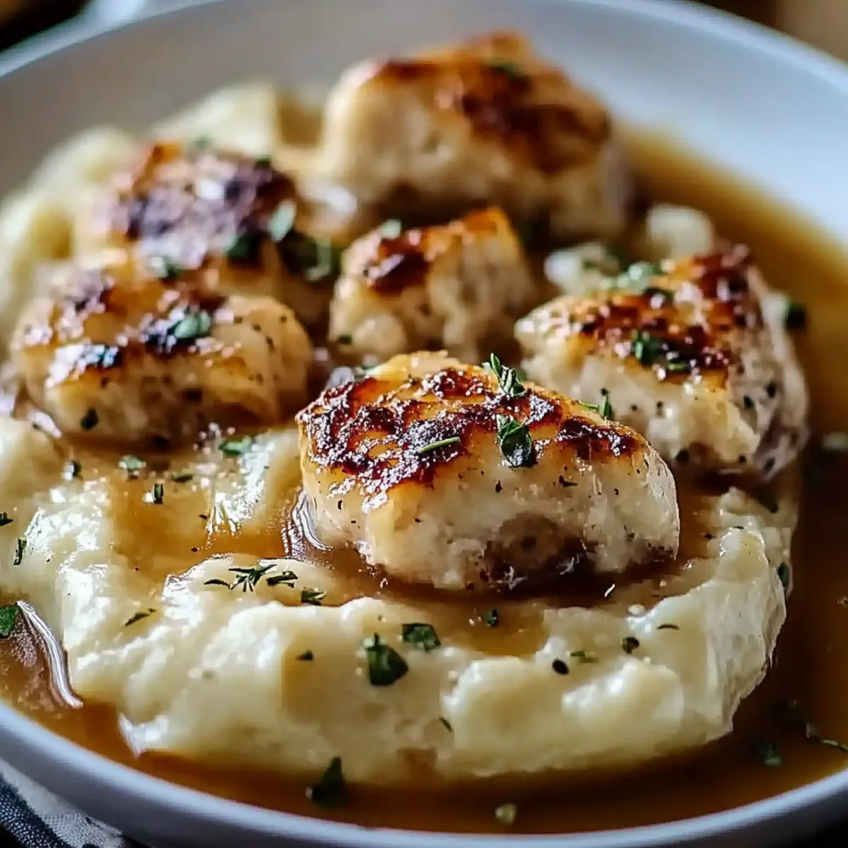 Chicken and Garlic Gravy with Cheesy Mashed Potatoes
