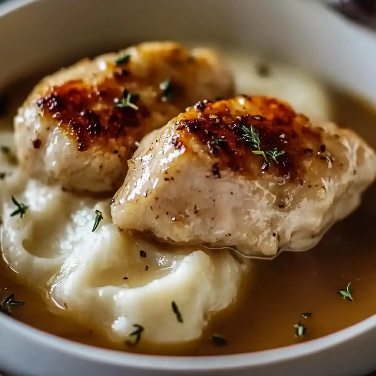 Chicken and Garlic Gravy with Cheesy Mashed Potatoes