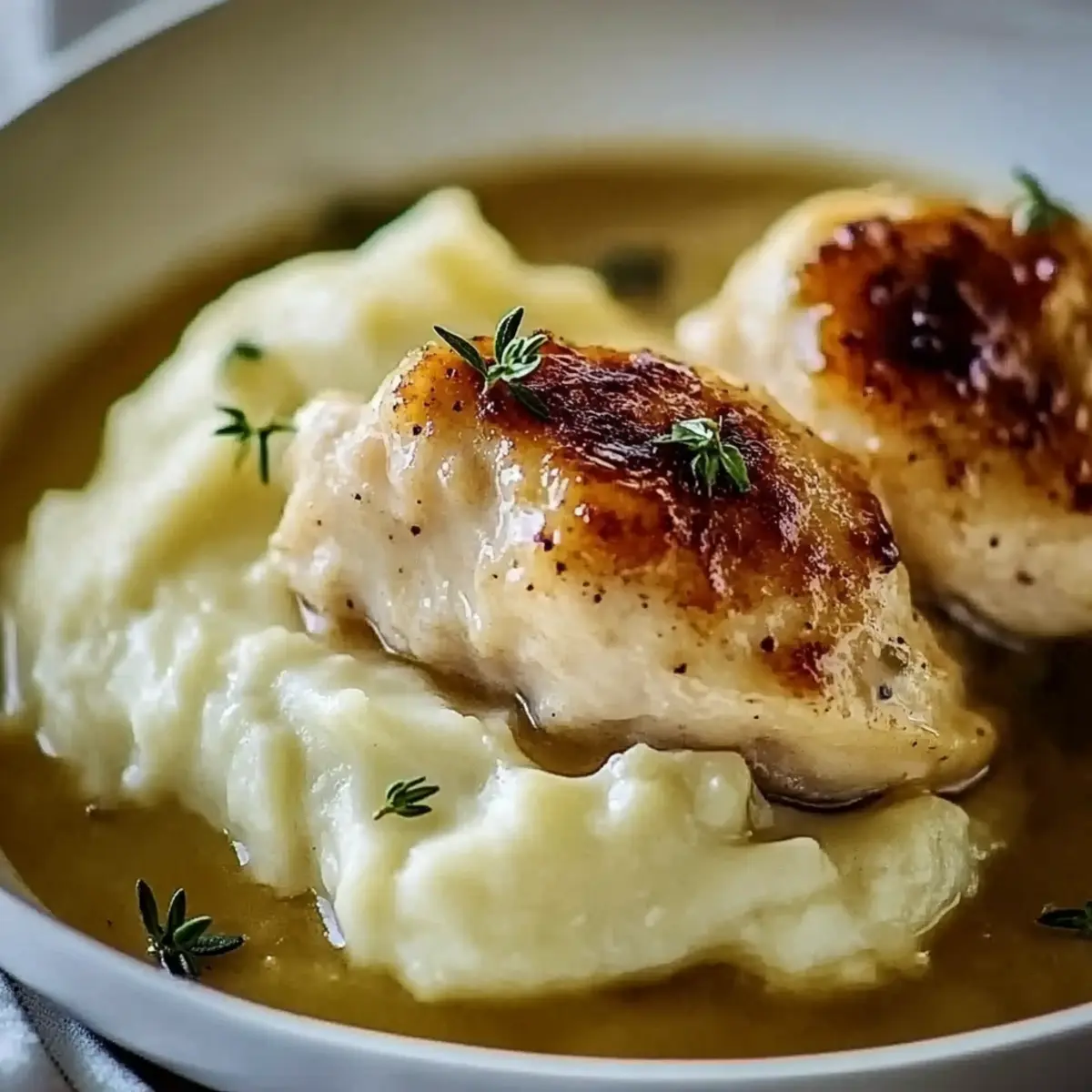 Chicken and Garlic Gravy with Cheesy Mashed Potatoes