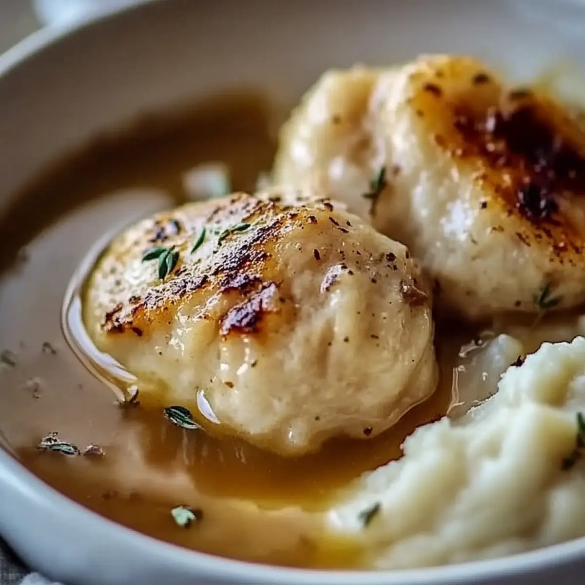 Chicken and Garlic Gravy with Cheesy Mashed Potatoes