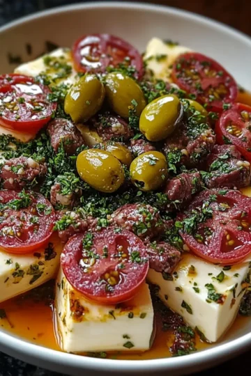 Marinated Cheese Appetizer with Salami & Green Olives
