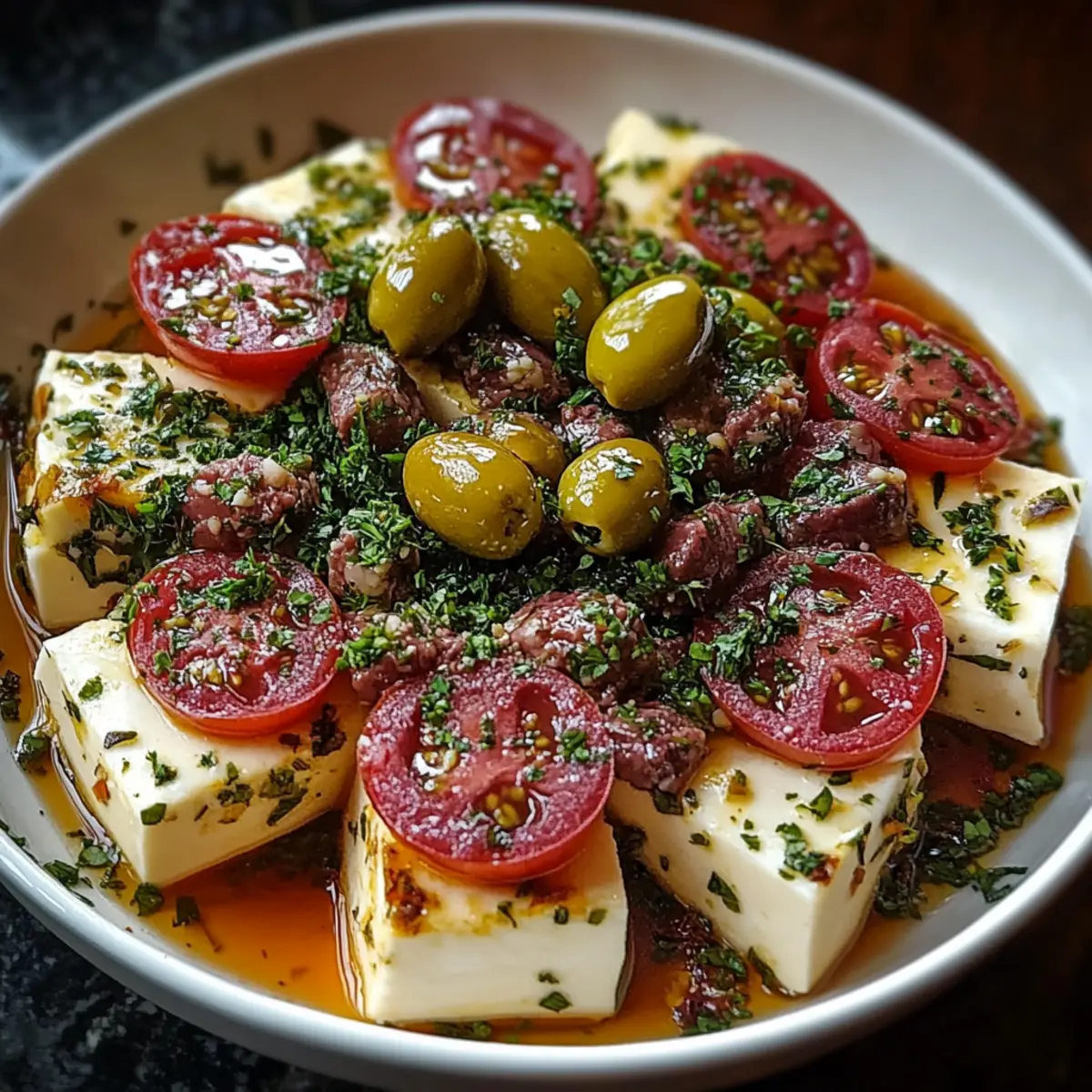 Marinated Cheese Appetizer with Salami & Green Olives