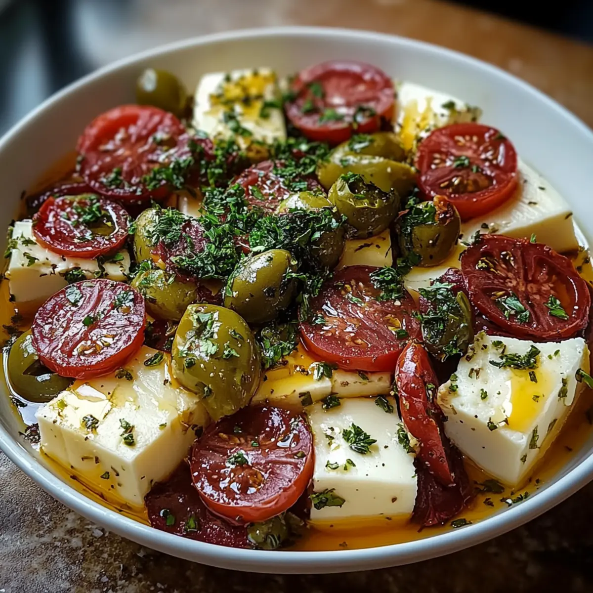 Marinated Cheese Appetizer with Salami & Green Olives