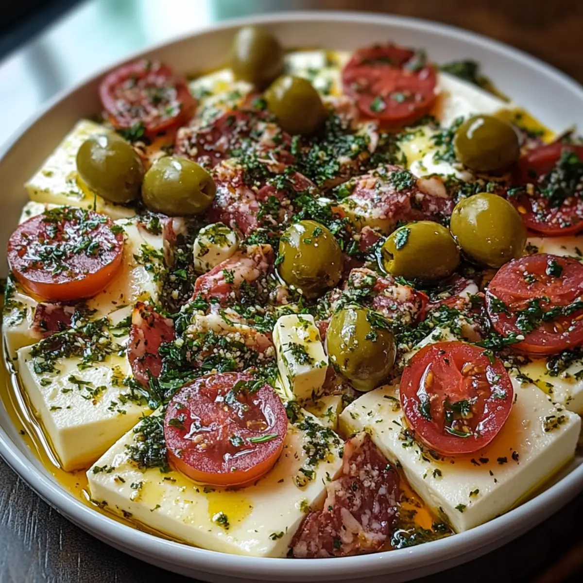 Marinated Cheese Appetizer with Salami & Green Olives