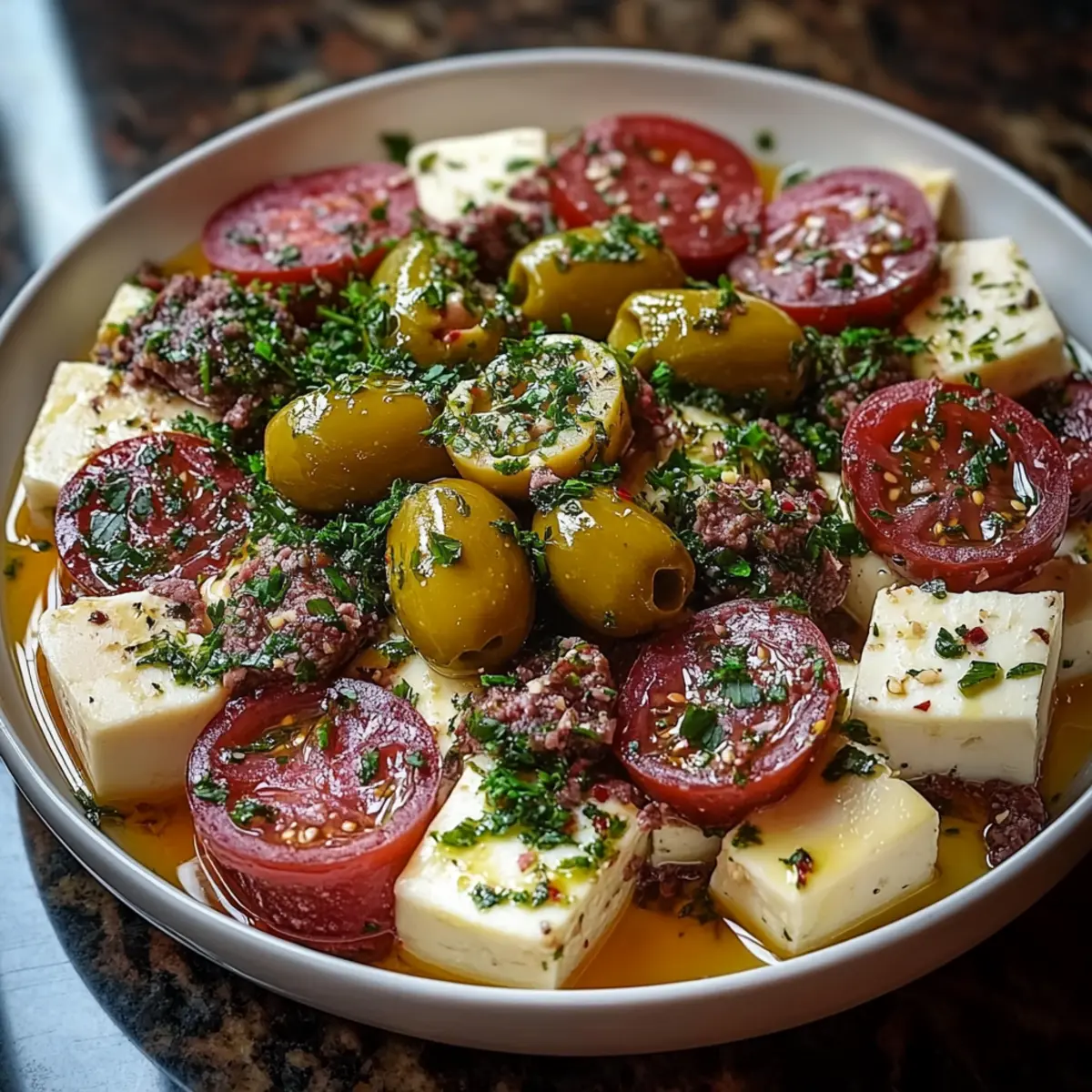 Marinated Cheese Appetizer with Salami & Green Olives