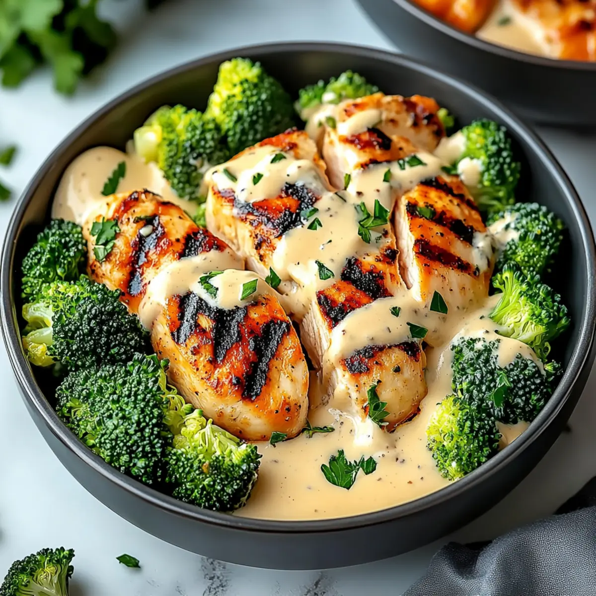 Grilled Chicken & Broccoli Bowls with Creamy Garlic Sauce