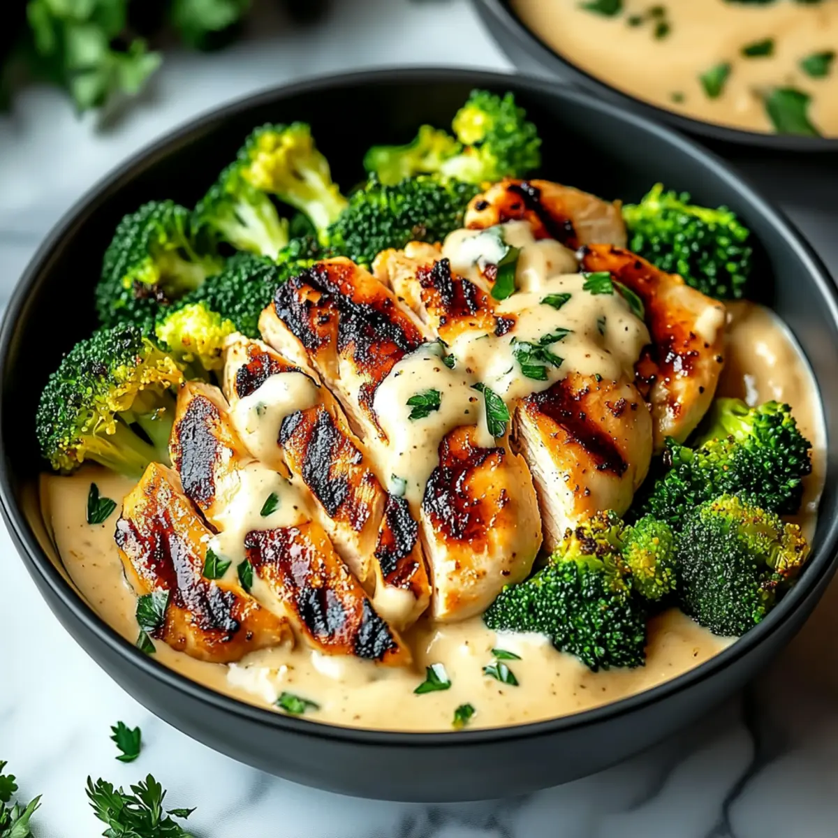 Grilled Chicken & Broccoli Bowls with Creamy Garlic Sauce