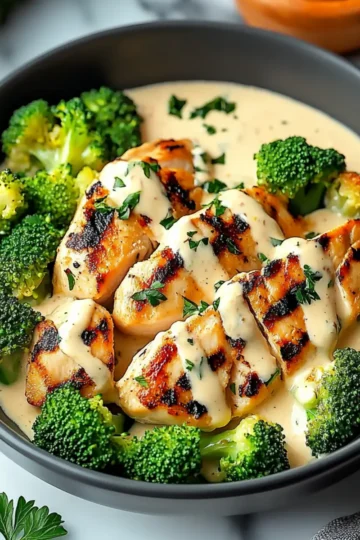 Grilled Chicken & Broccoli Bowls with Creamy Garlic Sauce
