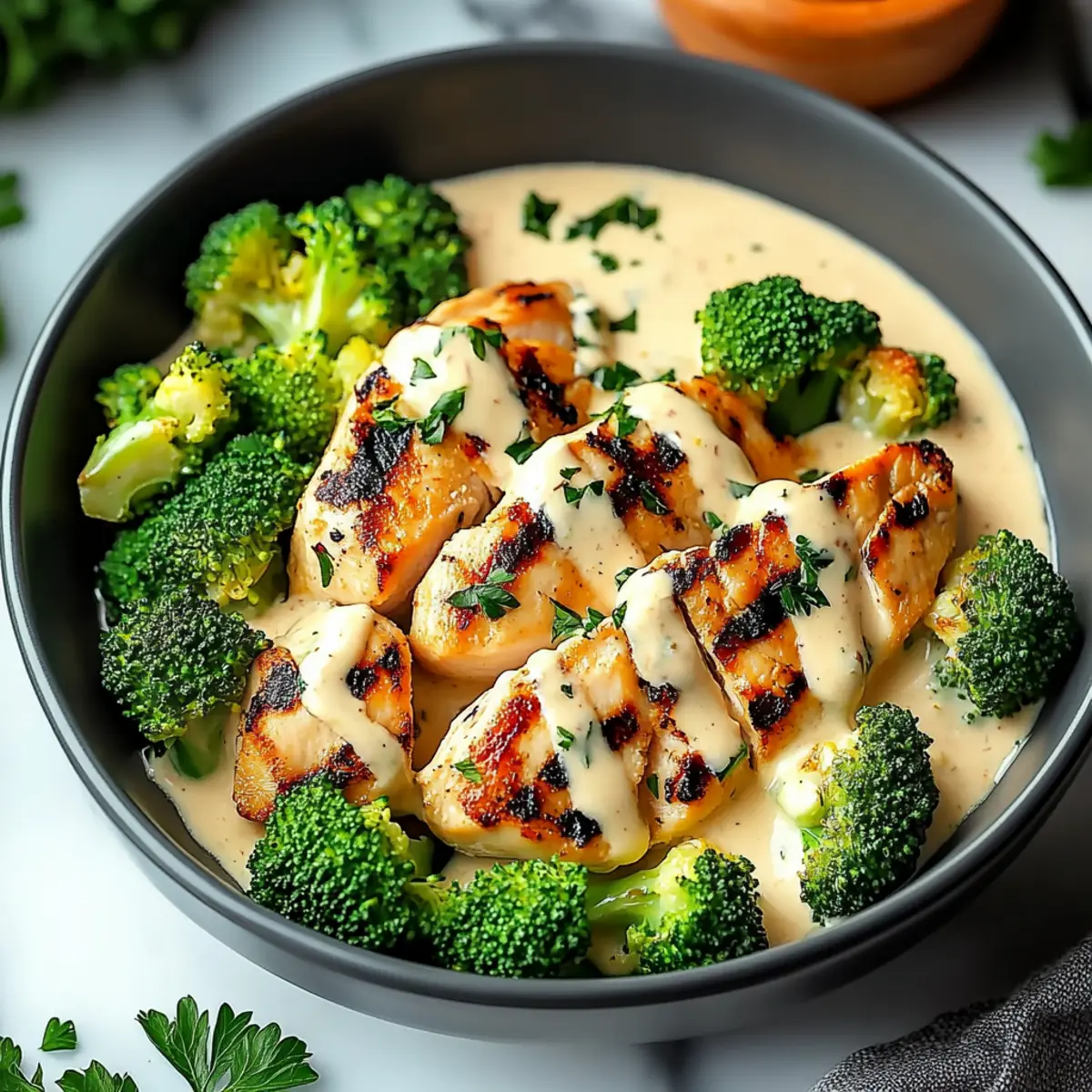 Grilled Chicken & Broccoli Bowls with Creamy Garlic Sauce