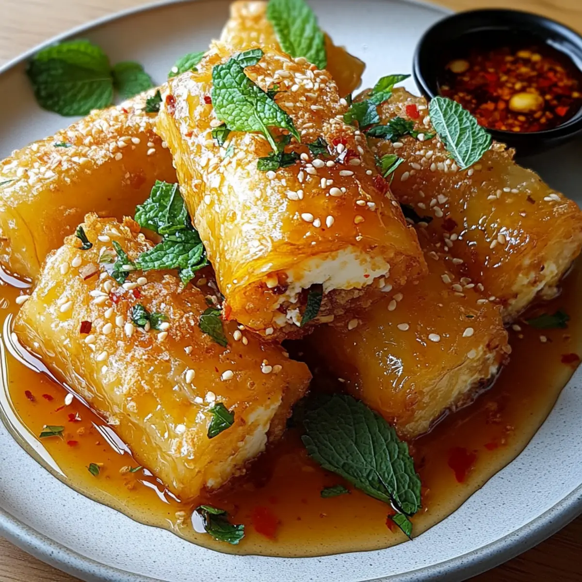 Oven Fried Feta Rolls with Chili Honey