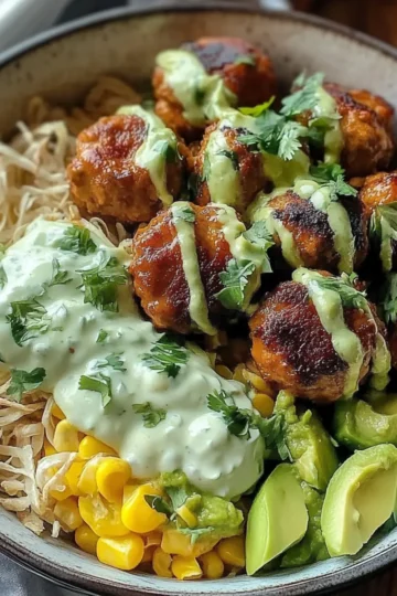 Barbecue Meatball Bowls with Avocado Goddess Sauce