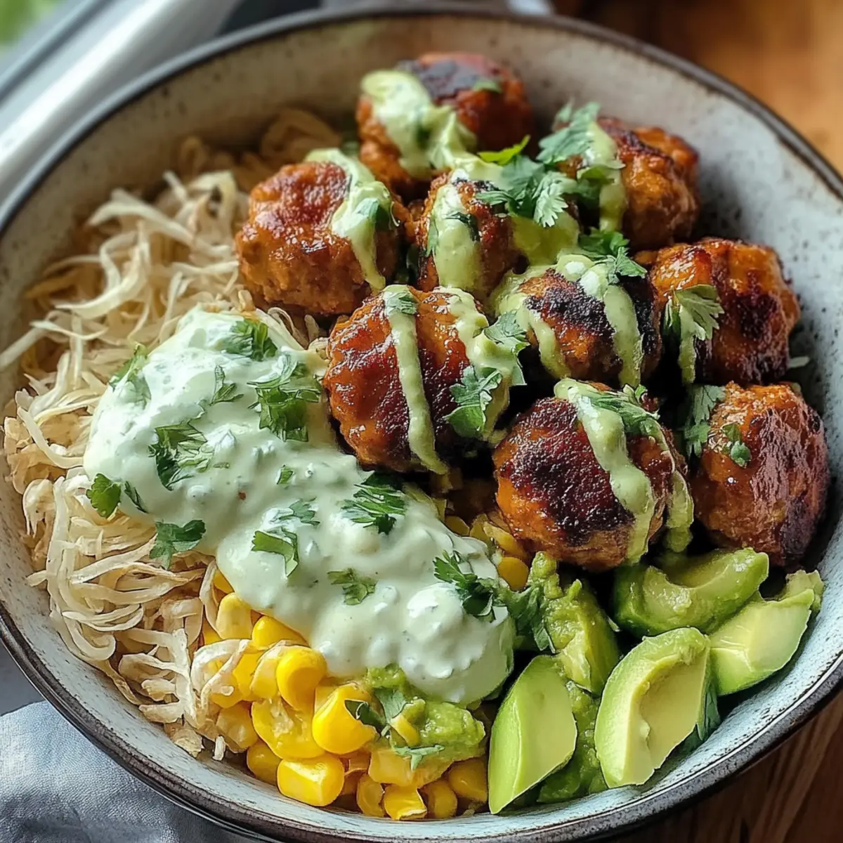 Barbecue Meatball Bowls with Avocado Goddess Sauce