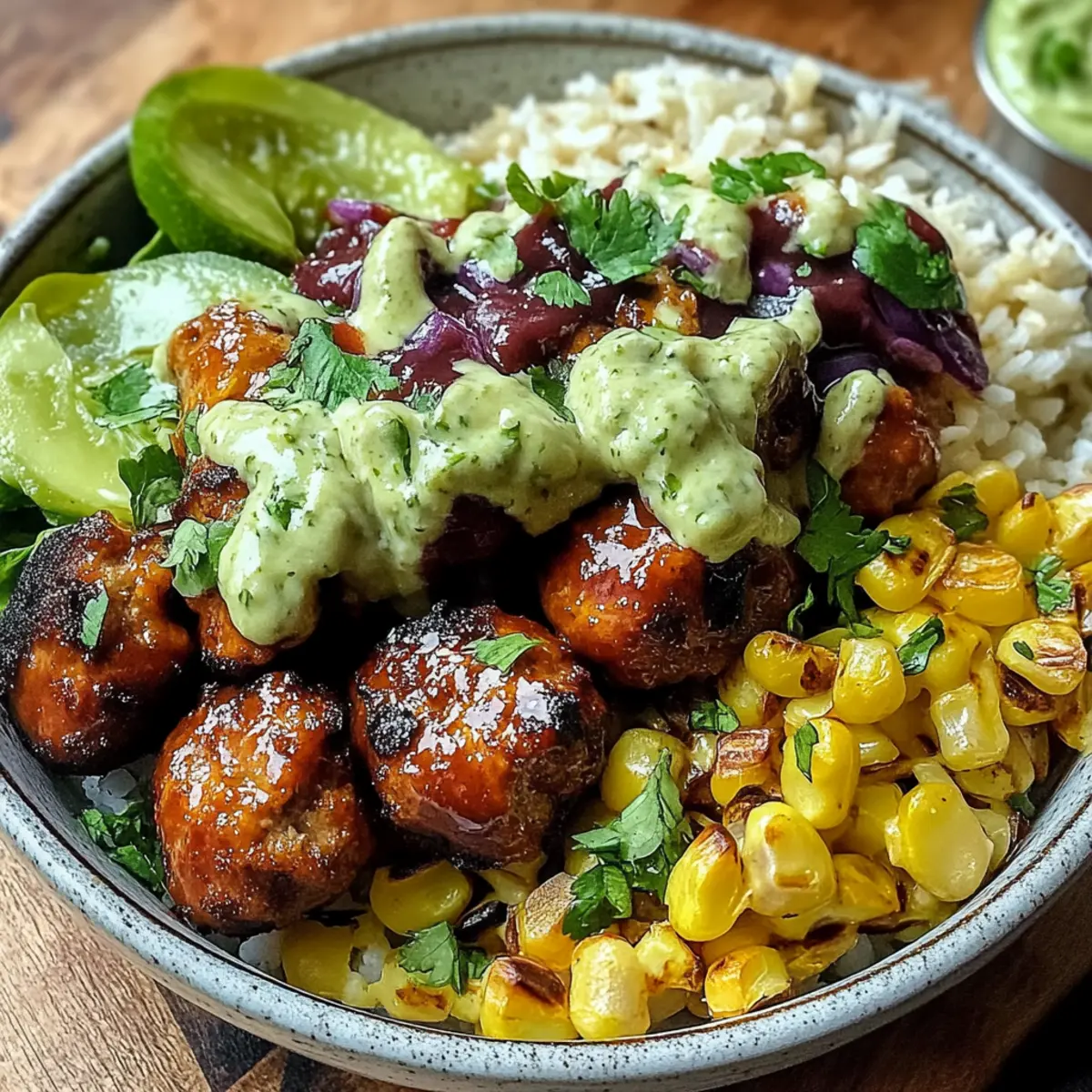 Barbecue Meatball Bowls with Avocado Goddess Sauce