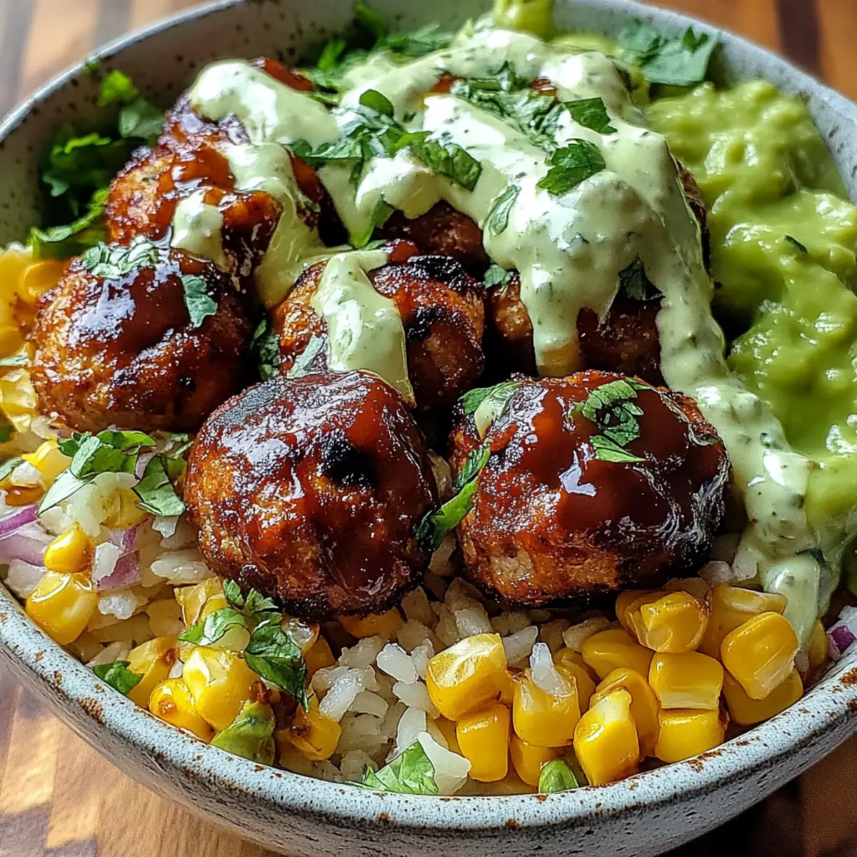 Barbecue Meatball Bowls with Avocado Goddess Sauce