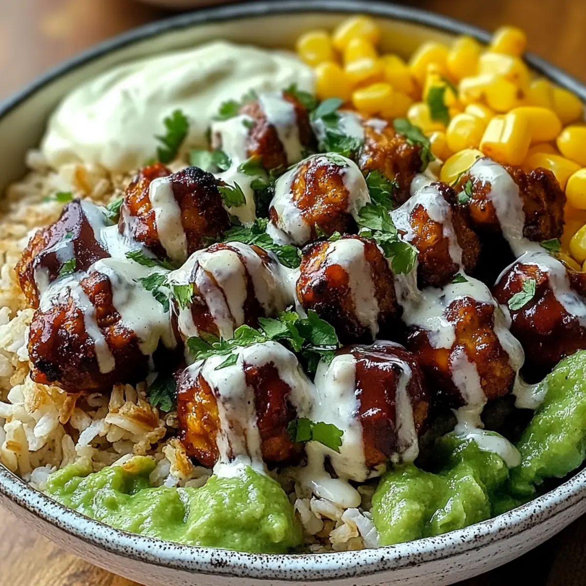 Barbecue Meatball Bowls with Avocado Goddess Sauce