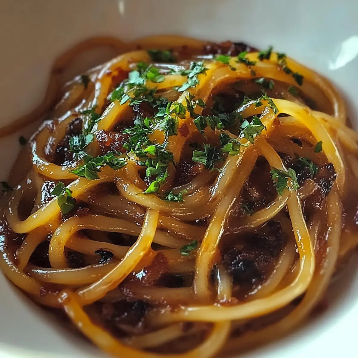 Caramelized Onion Pasta with Chilli Oil