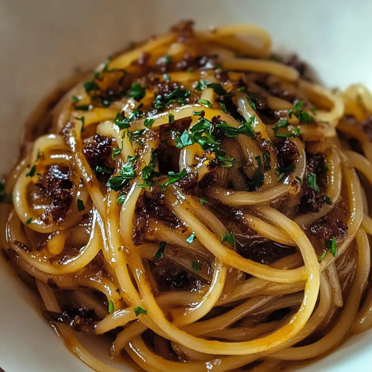 Caramelized Onion Pasta with Chilli Oil
