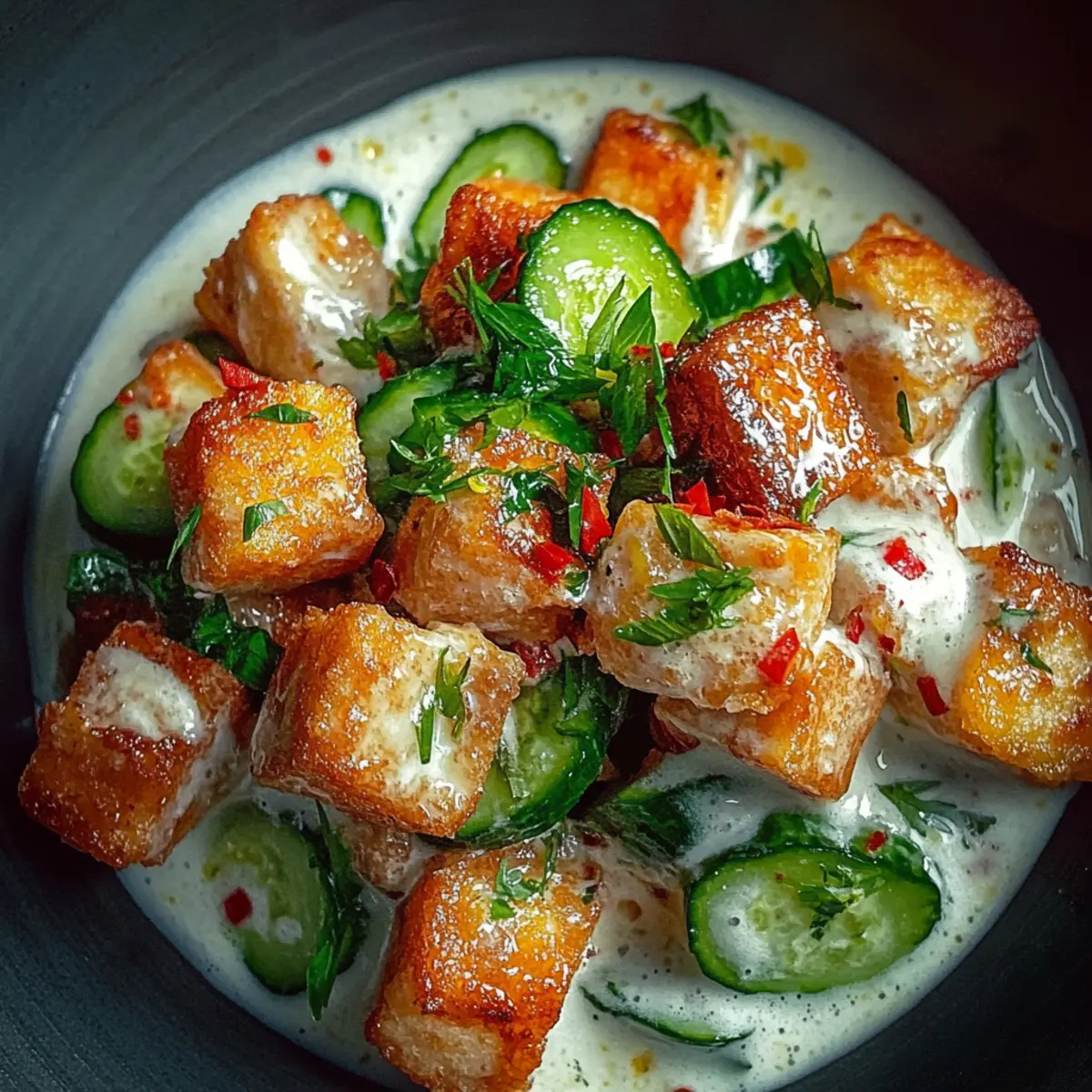 Creamy Asian Cucumber Salad with Crispy Tofu