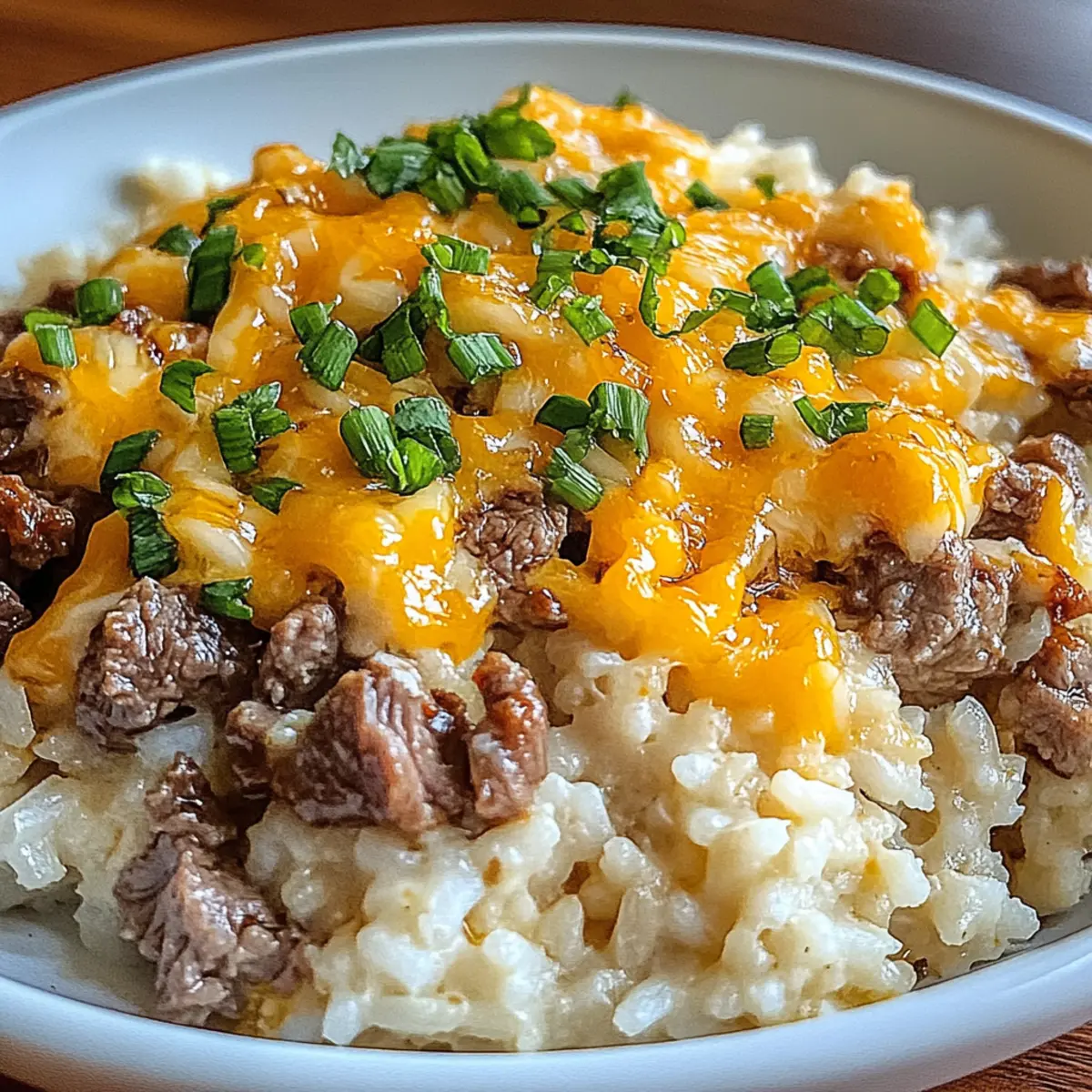 Creamy Garlic Butter Beef and Cheddar Rice