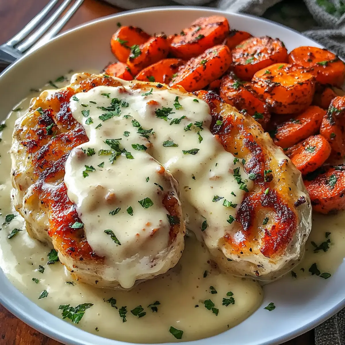 Creamy Herb Chicken with Mashed Potatoes and Glazed Carrots