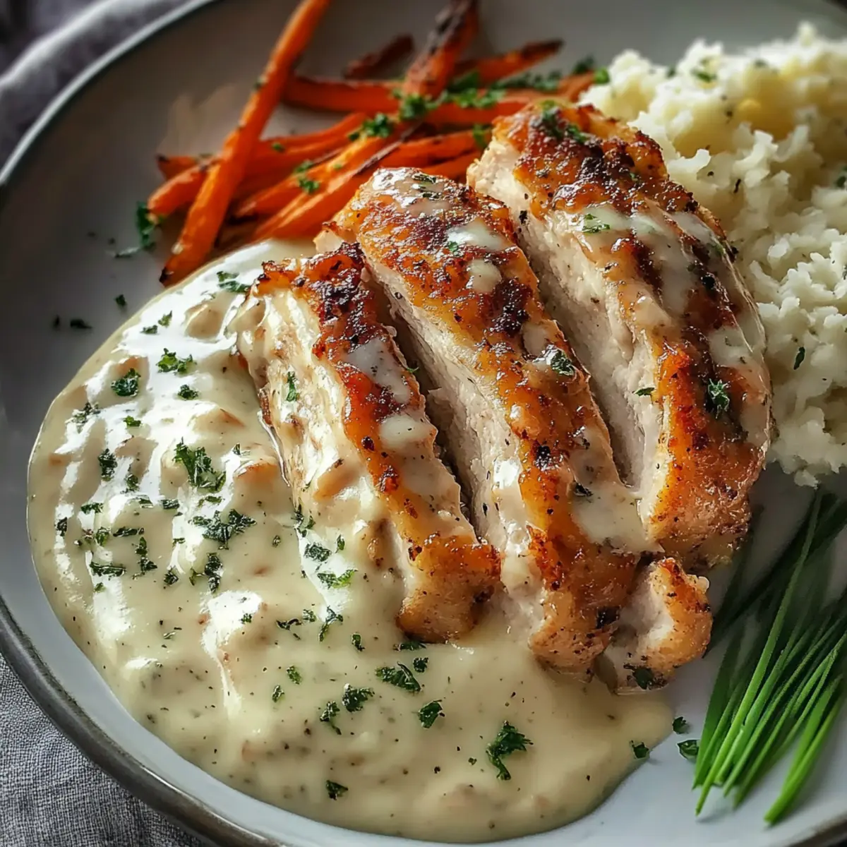 Creamy Herb Chicken with Mashed Potatoes and Glazed Carrots