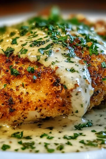 Crispy Herb-Crusted Chicken Romano with Tangy Parmesan Cream Sauce