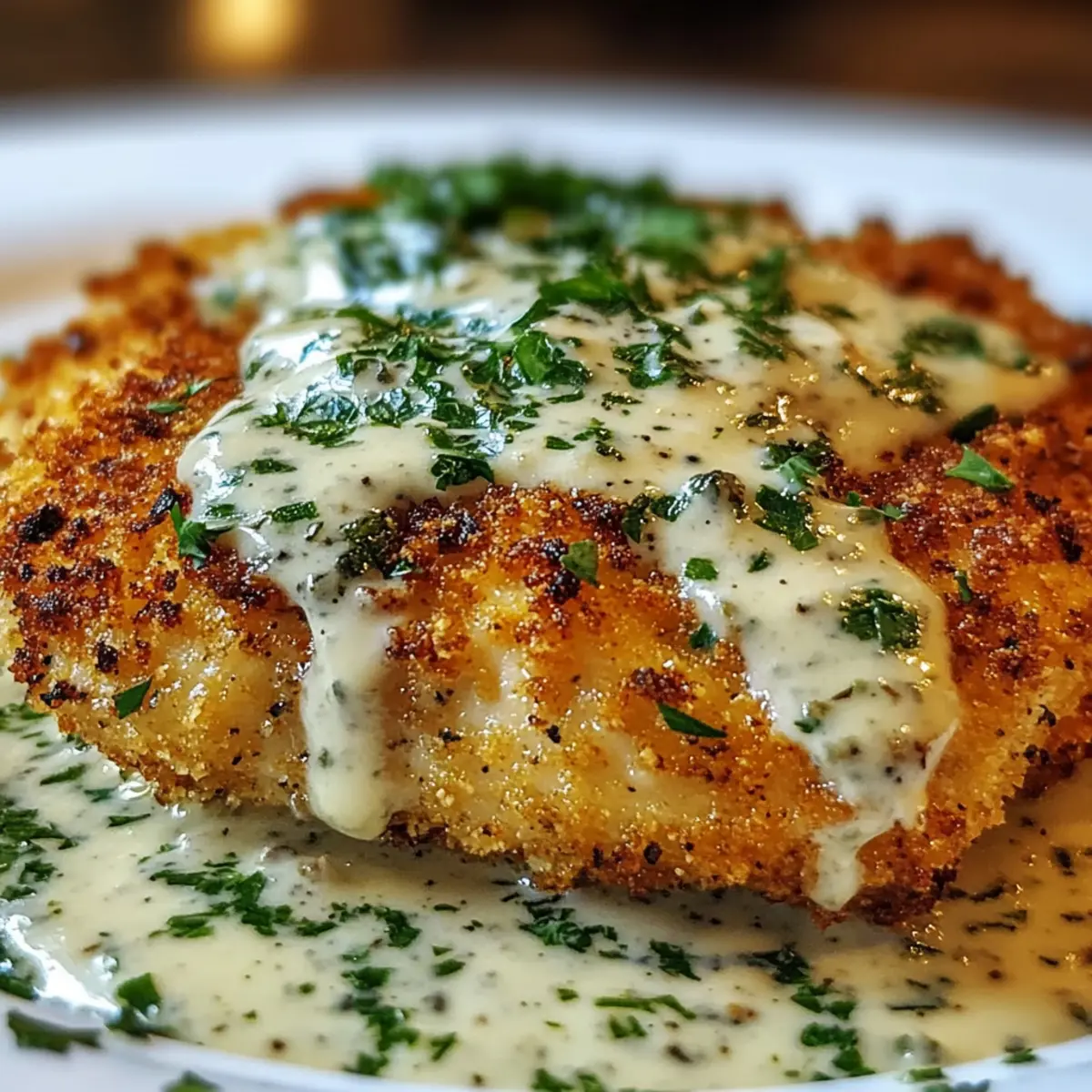 Crispy Herb-Crusted Chicken Romano with Tangy Parmesan Cream Sauce