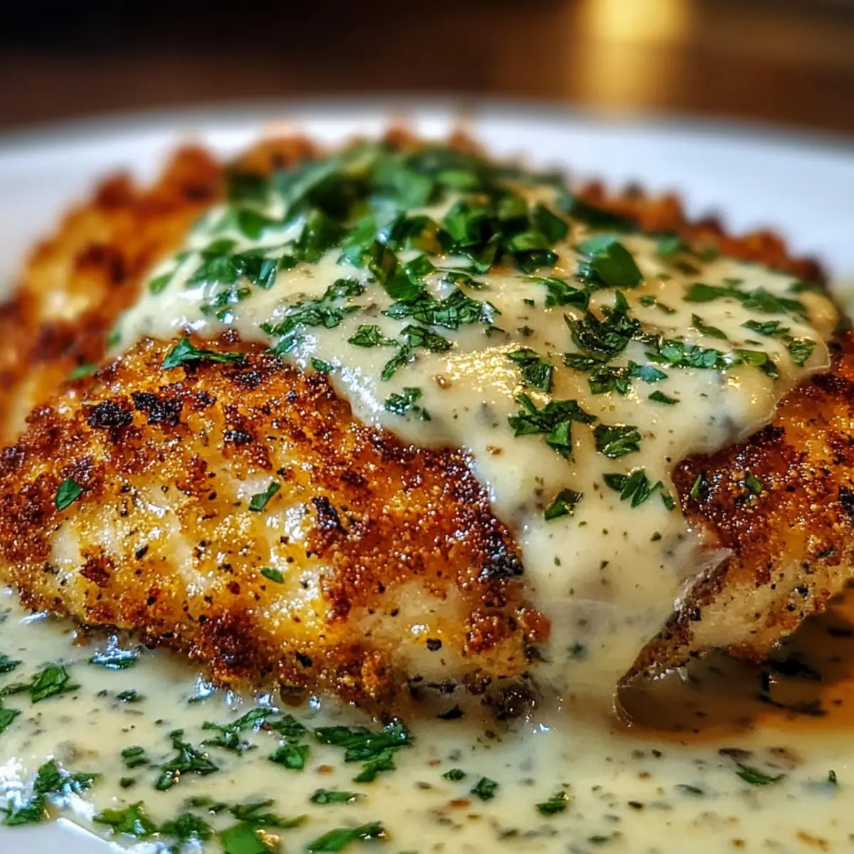 Crispy Herb-Crusted Chicken Romano with Tangy Parmesan Cream Sauce