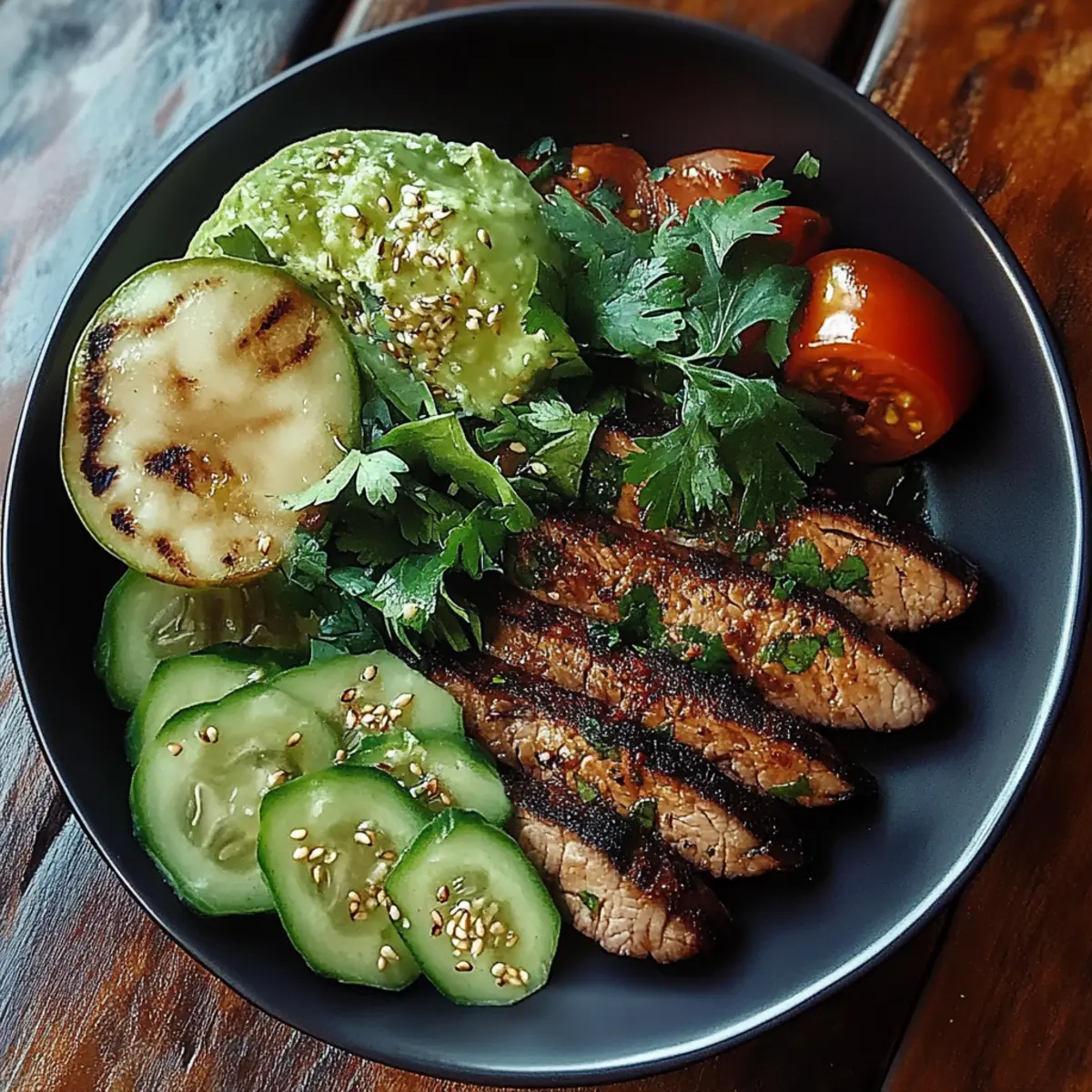 Grilled Steak Bowl with Sauce & Grilled Zucchini