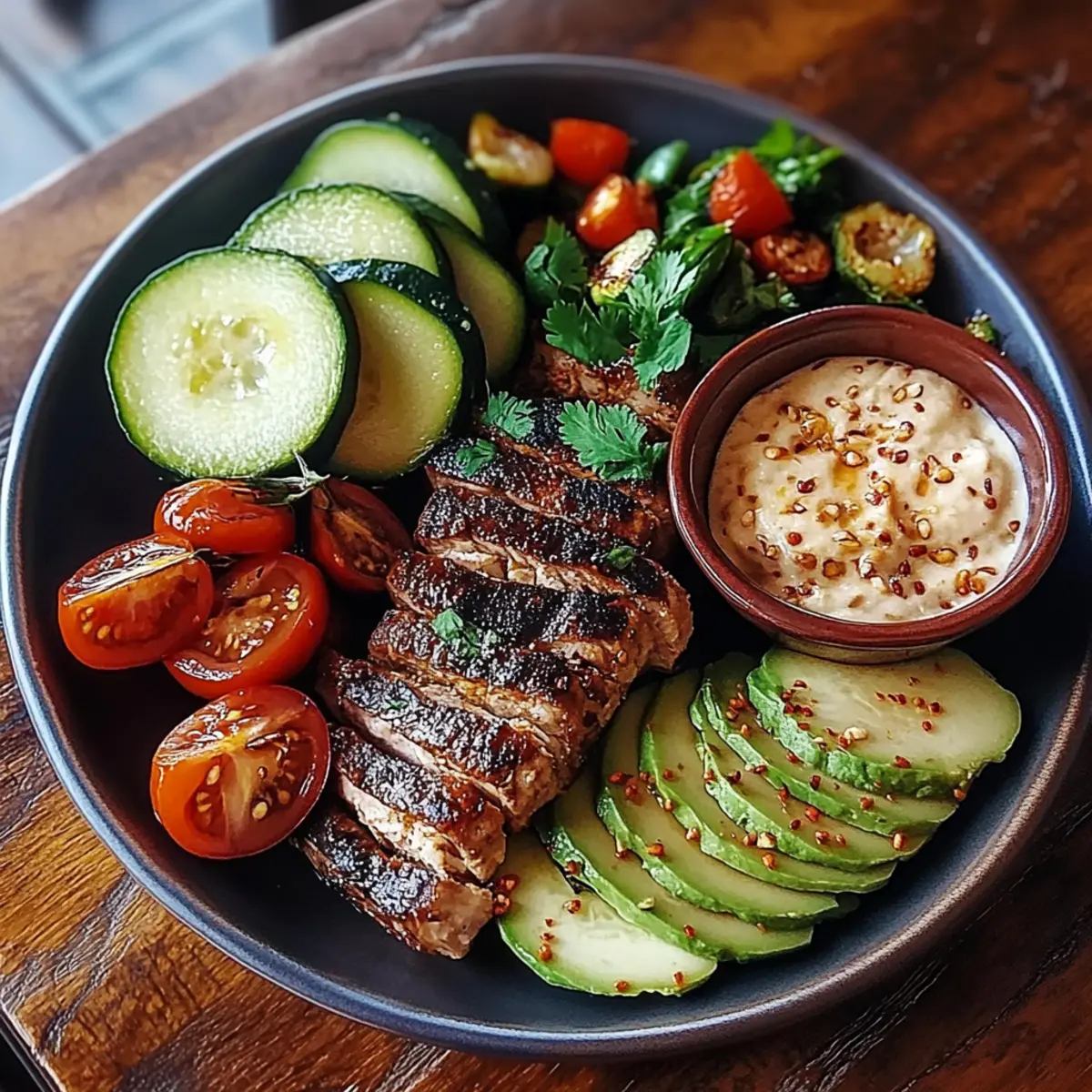 Grilled Steak Bowl with Sauce & Grilled Zucchini