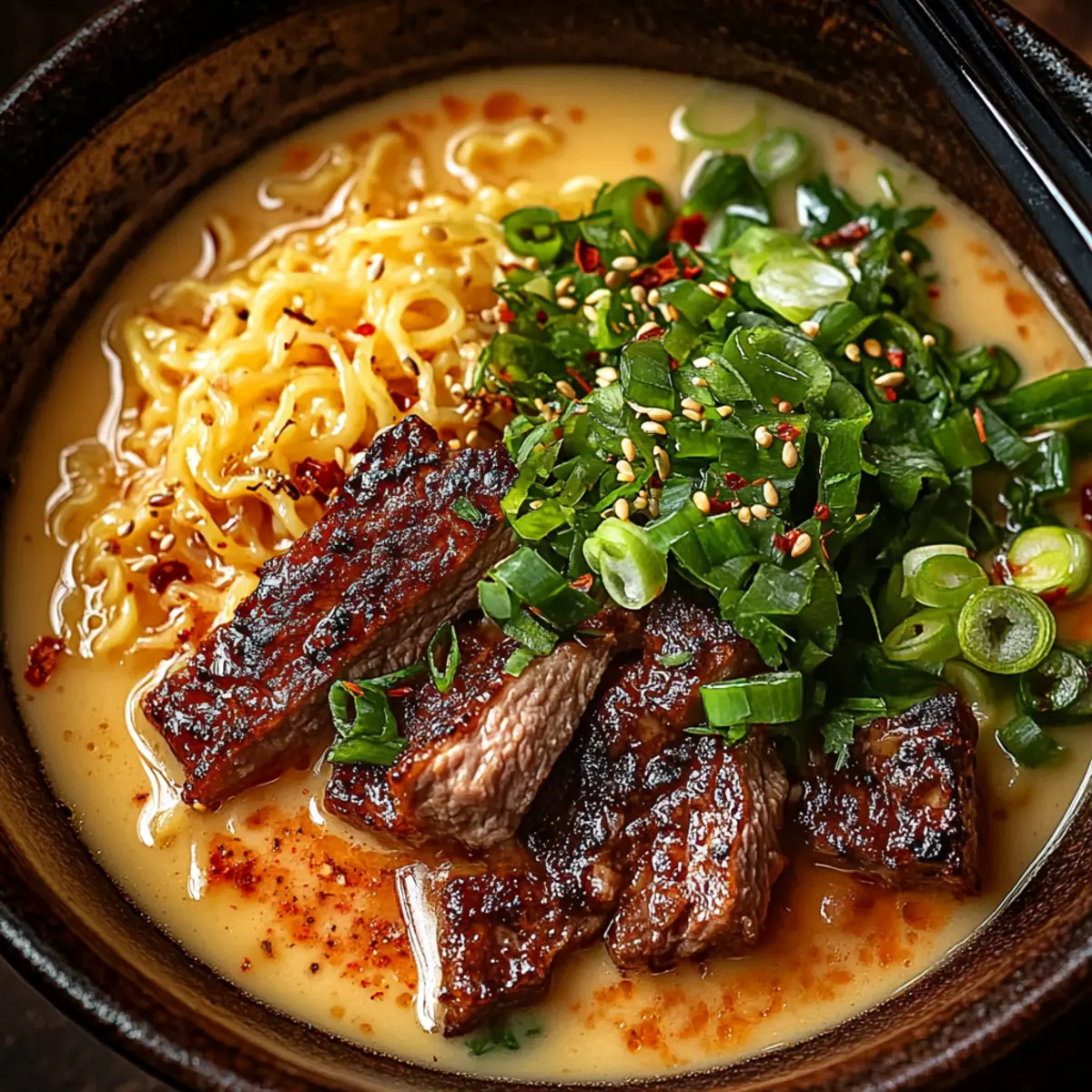 Spicy Korean Ramen with Grilled Beef and Creamy Sauce