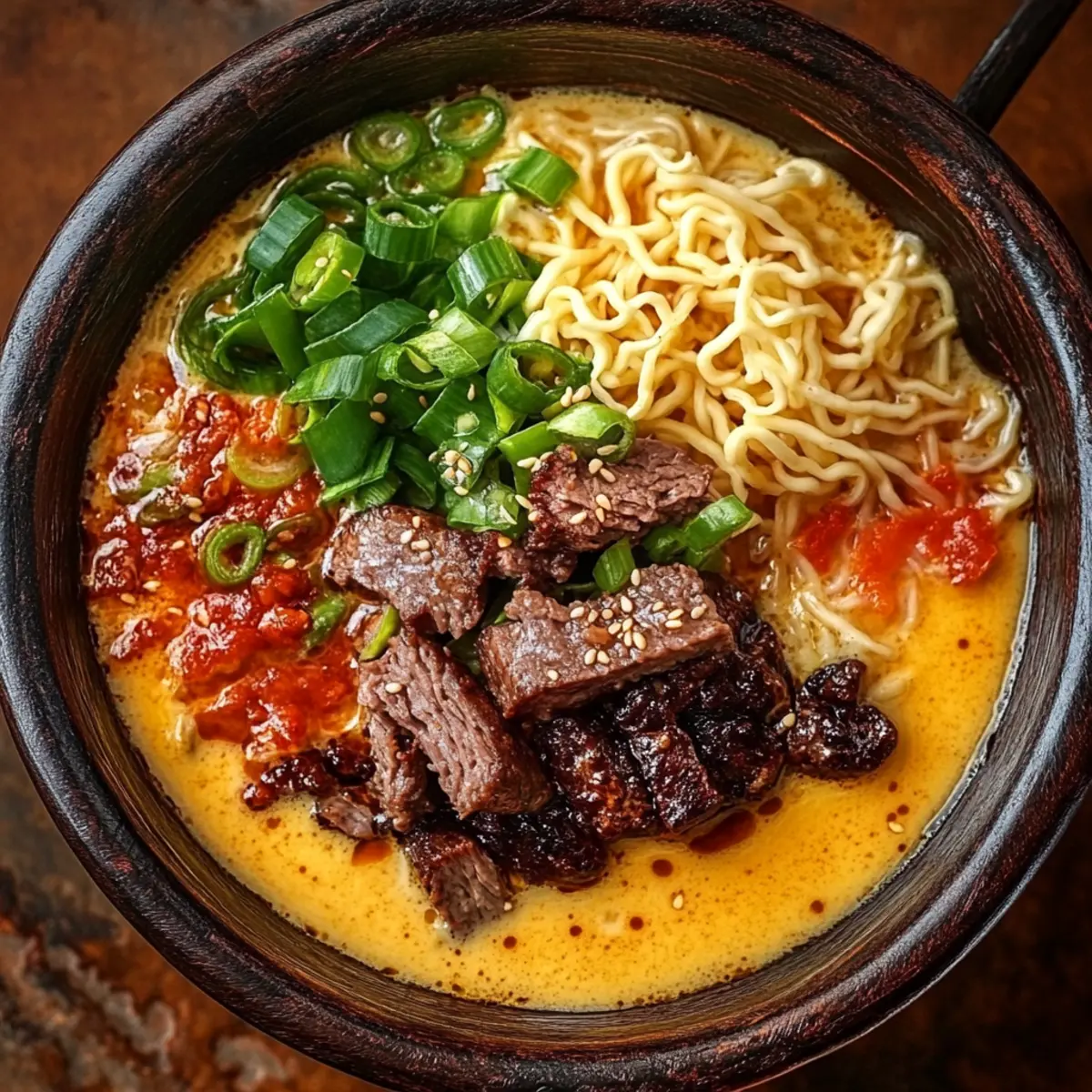 Spicy Korean Ramen with Grilled Beef and Creamy Sauce
