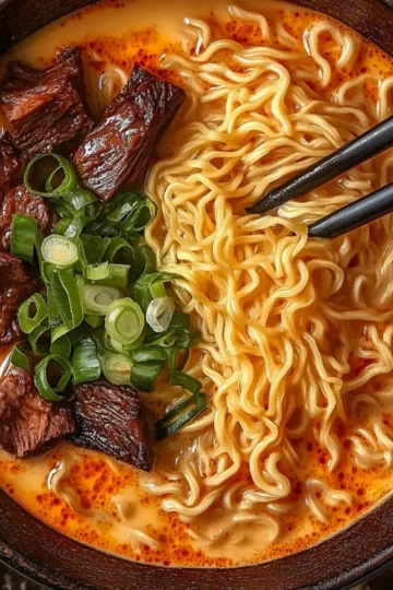Spicy Korean Ramen with Grilled Beef and Creamy Sauce