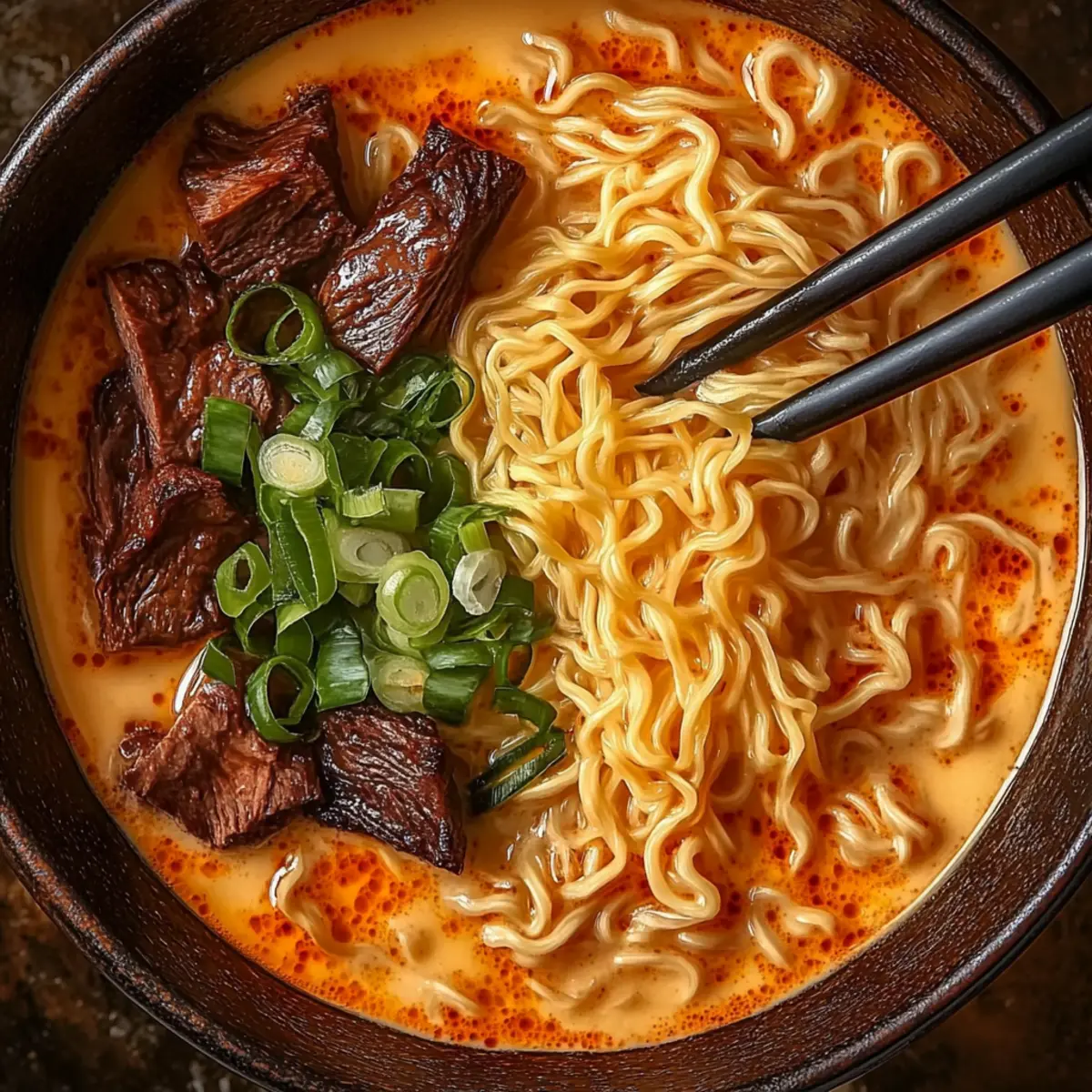Spicy Korean Ramen with Grilled Beef and Creamy Sauce