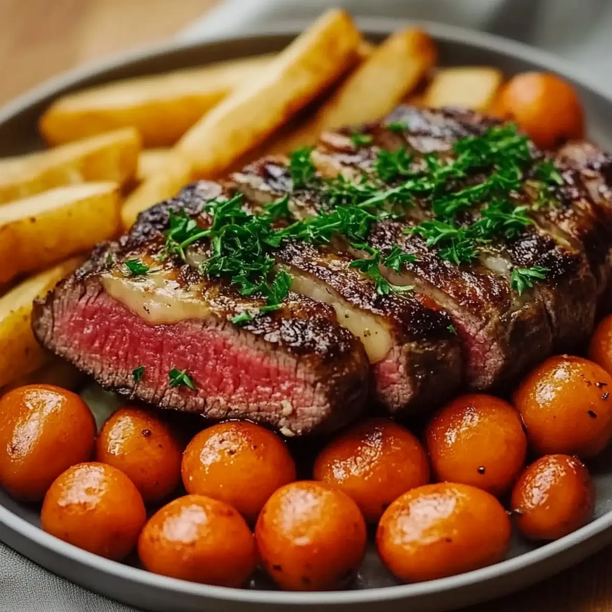 Sliced Steak with Roasted Baby Potatoes and Carrots
