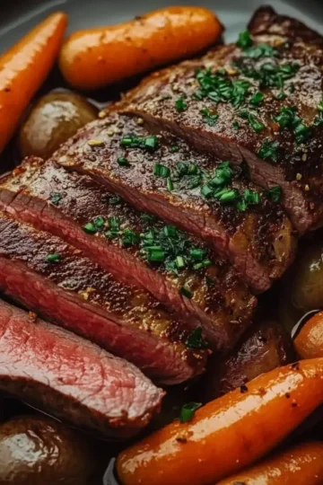 Sliced Steak with Roasted Baby Potatoes and Carrots