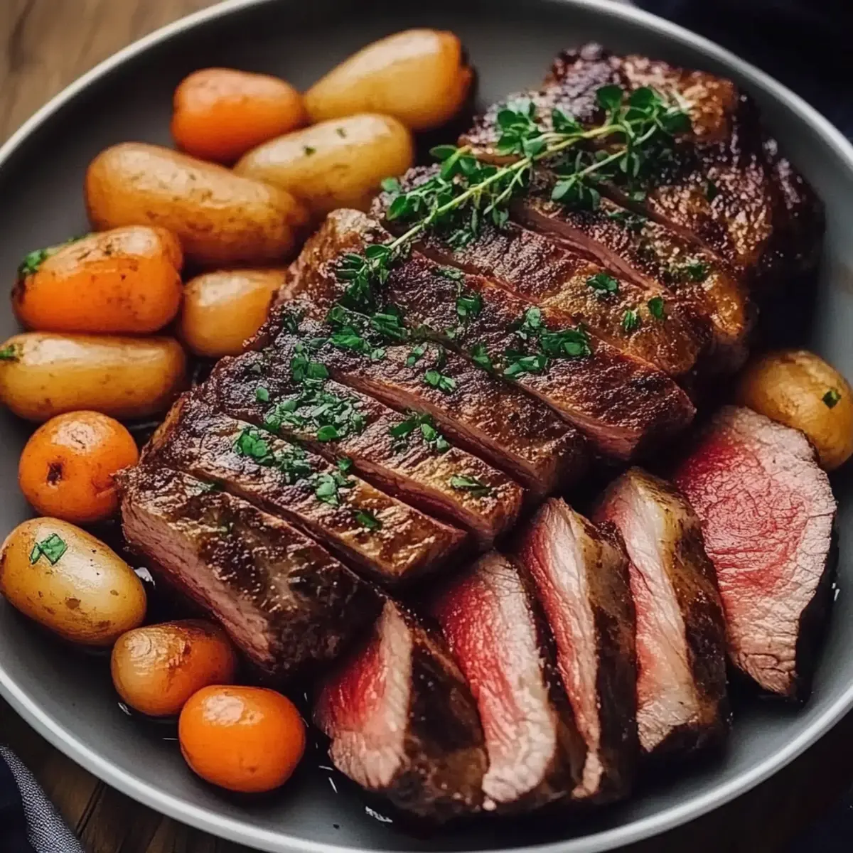 Sliced Steak with Roasted Baby Potatoes and Carrots